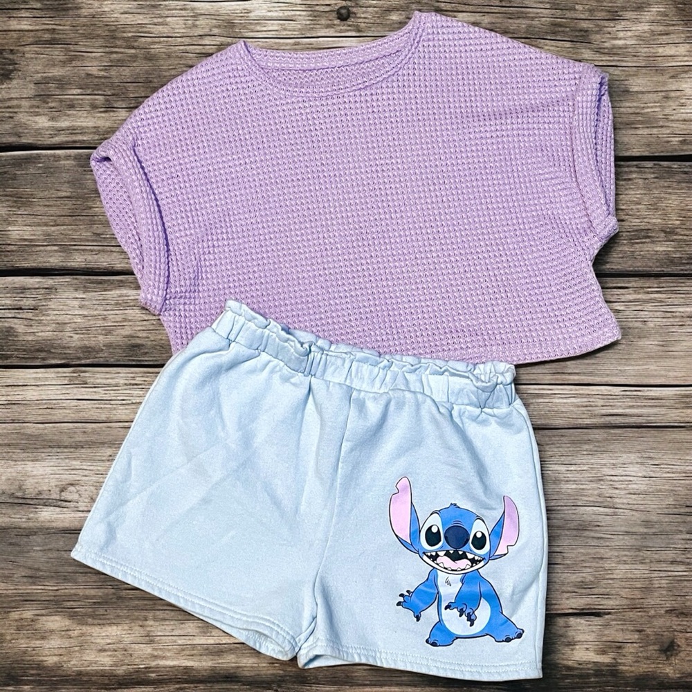 New girls Stitch shorts and matching purple waffle top